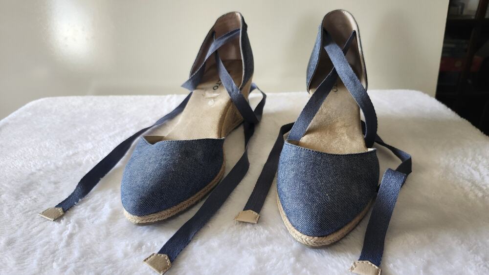 Rialto Coachella Denim Espadrille Wedge Sandals Blue Jean Lace Up Size 8.5M S12